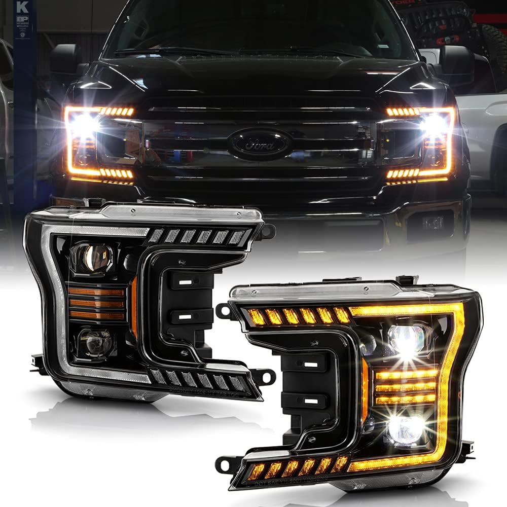 Black Amber LED Tube Sequential Signal Projector Headlights Left+Right T389005