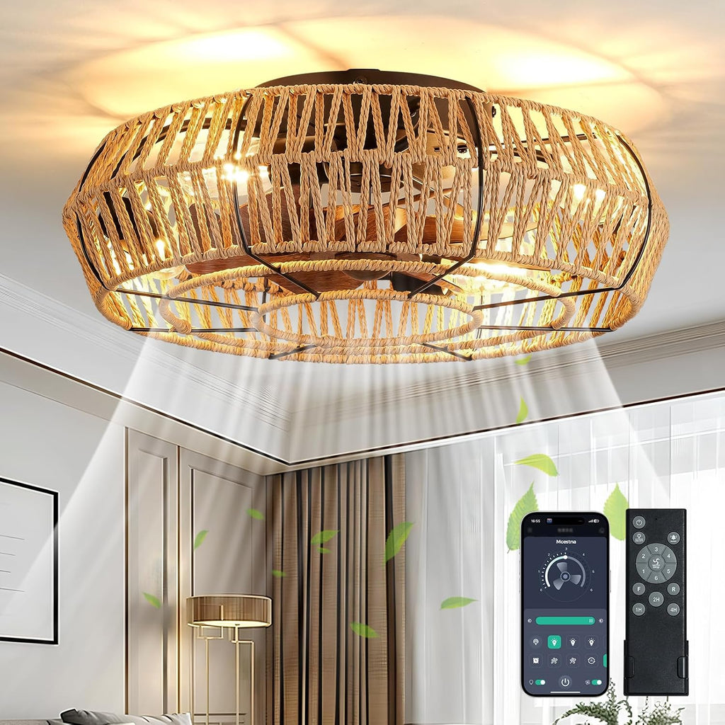 20 Inch Flush Mount Rattan Ceiling Fan with Light and Remote L351288