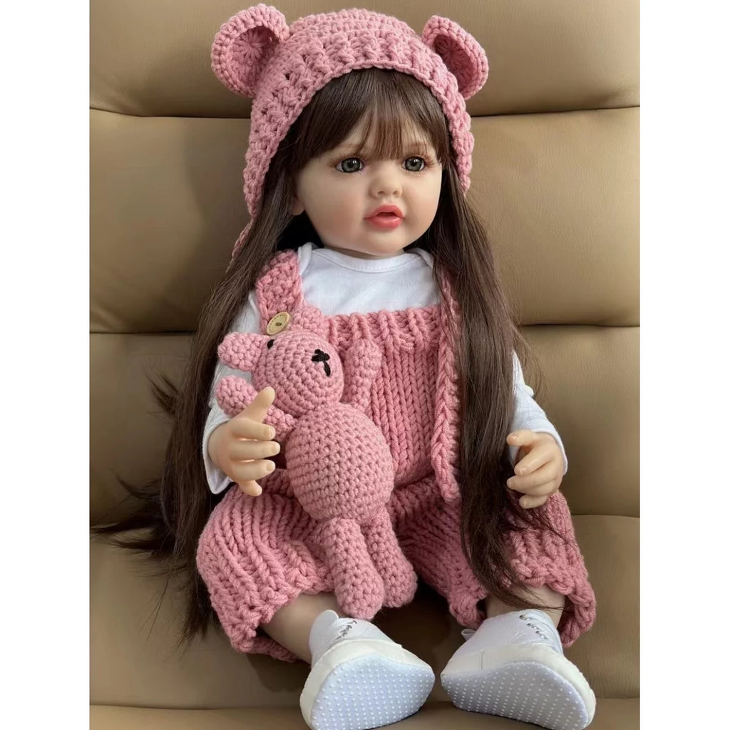 22 inch Soft Silicone Vinyl Reborn Baby Doll in Pink Knitted Clothes with Bear Toy D36535