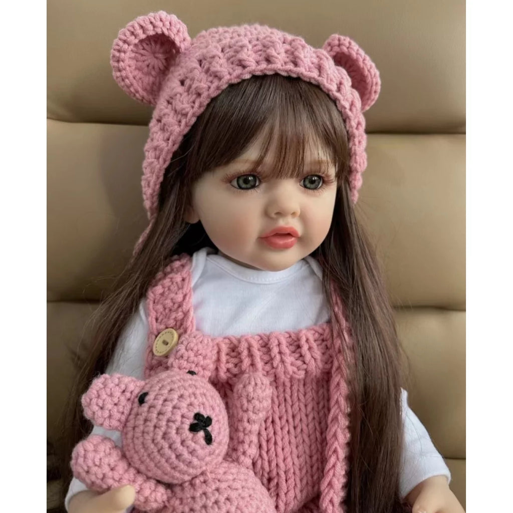 22 inch Soft Silicone Vinyl Reborn Baby Doll in Pink Knitted Clothes with Bear Toy D36535