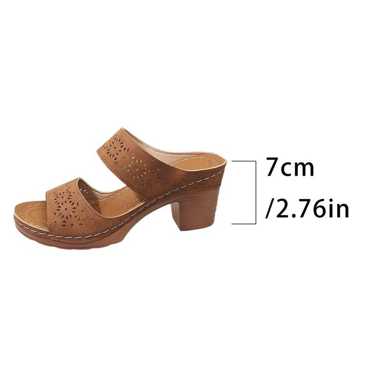 Women's Hollow Out Block Heel Sandals - Peep Toe Double Strap Mules with Chunky Heel