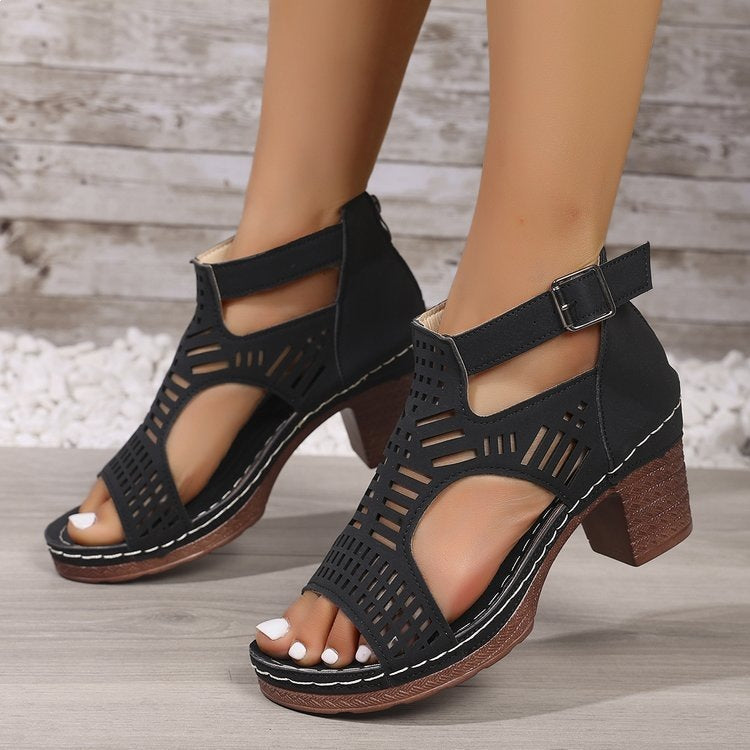 Women's Hollow Out Block Heel Sandals - Cutout Peep Toe Ankle Strap Chunky Heels