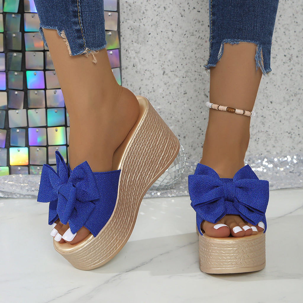 Women's Platform Wedge Sandals with Big Bow - Sparkly Open Toe Summer Slides