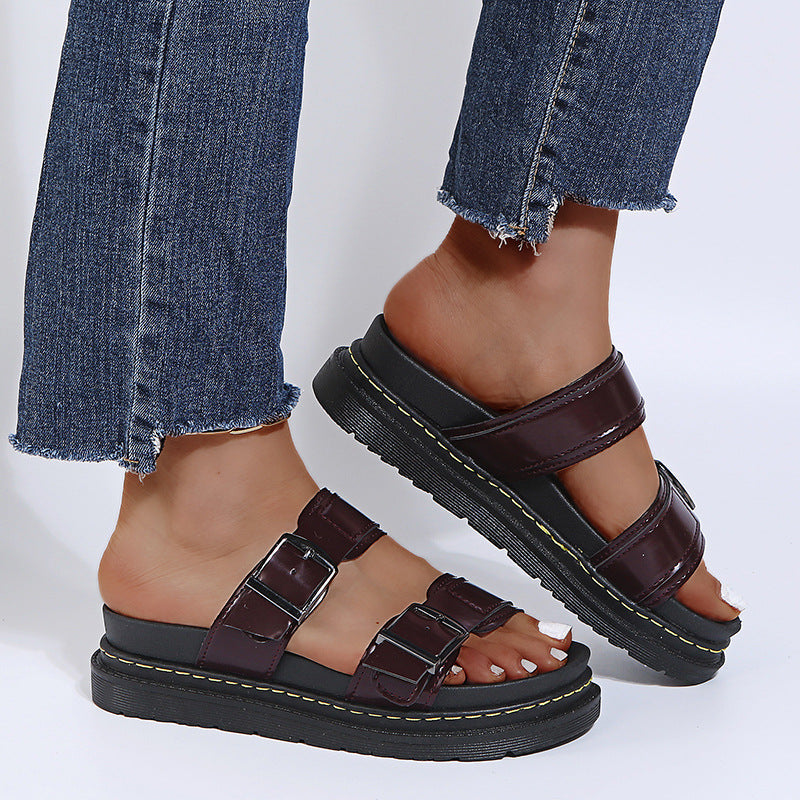 Women's Double Buckle Platform Sandals - Chunky Thick Sole Slide Sandals with Adjustable Straps