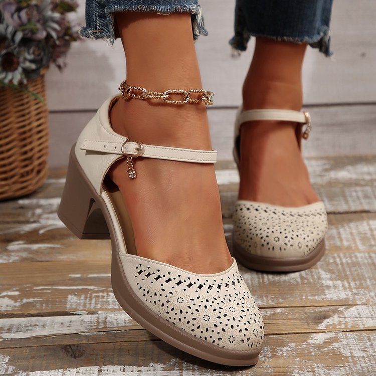 Women's Retro Cut-Out Mary Jane Block Heel Pumps - Floral Hollow-Out Ankle Strap Shoes