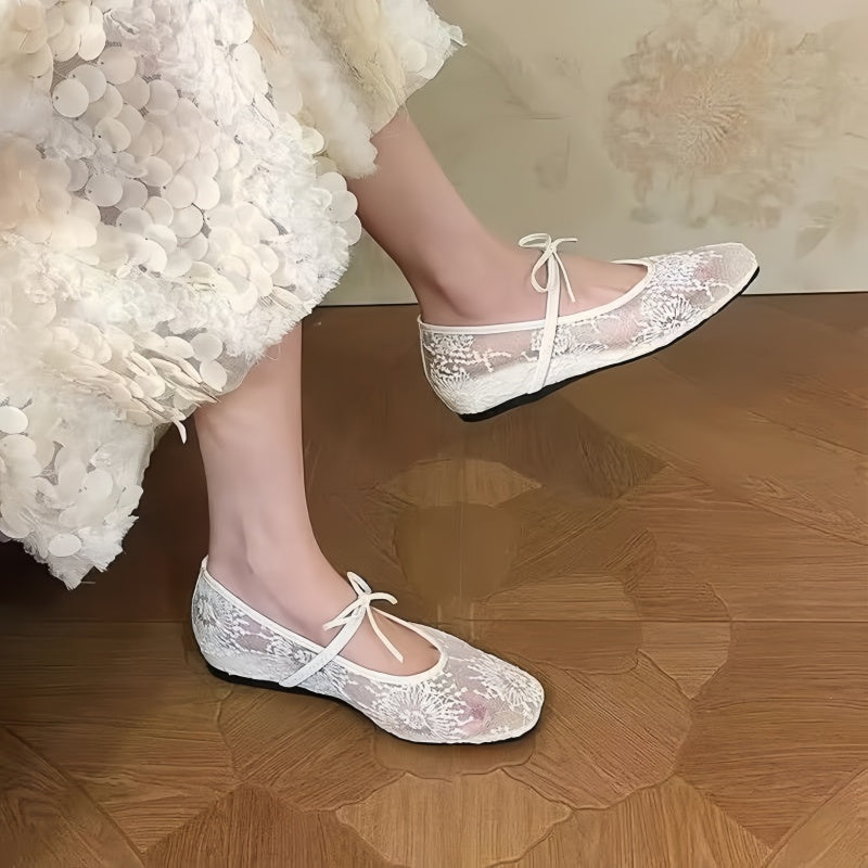 Elegant Lace Mesh Mary Jane Flats with Bow - Square Toe Ballet Shoes