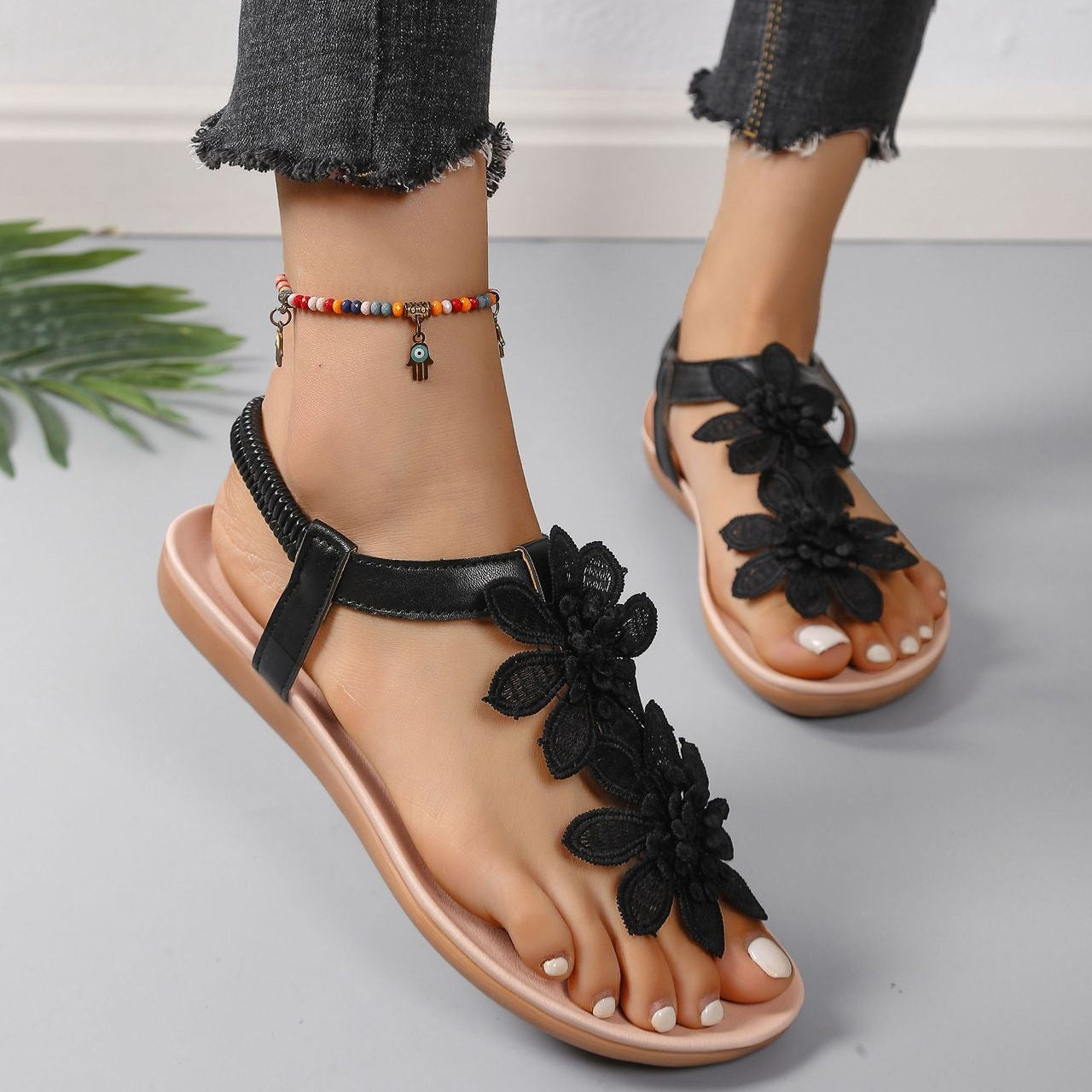 Boho Floral Lace Flat Sandals for Women – Comfortable Summer T-Strap Shoes