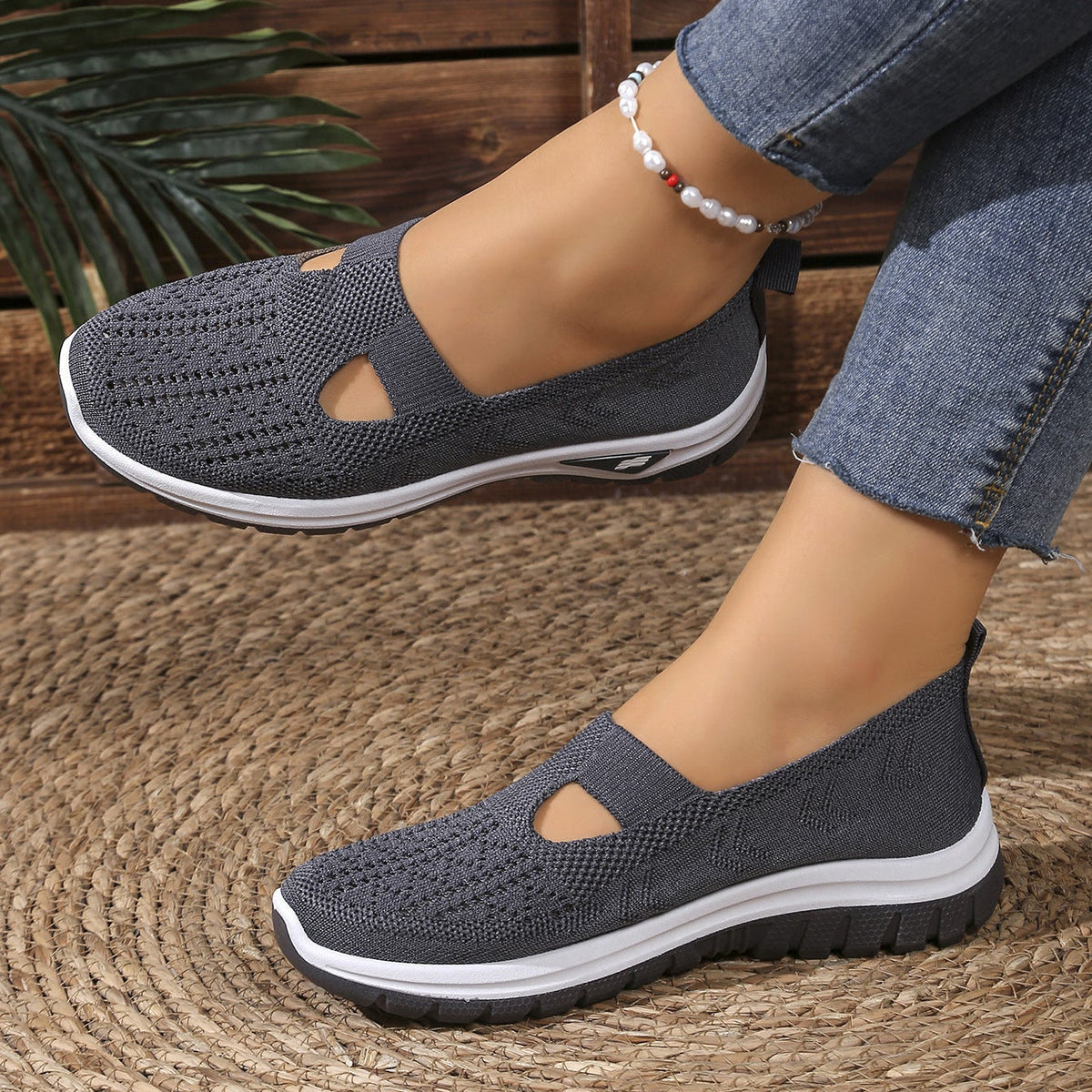 Breathable Knit Slip-On Sneakers Women - Lightweight Mesh Walking Shoes with Cutout Design