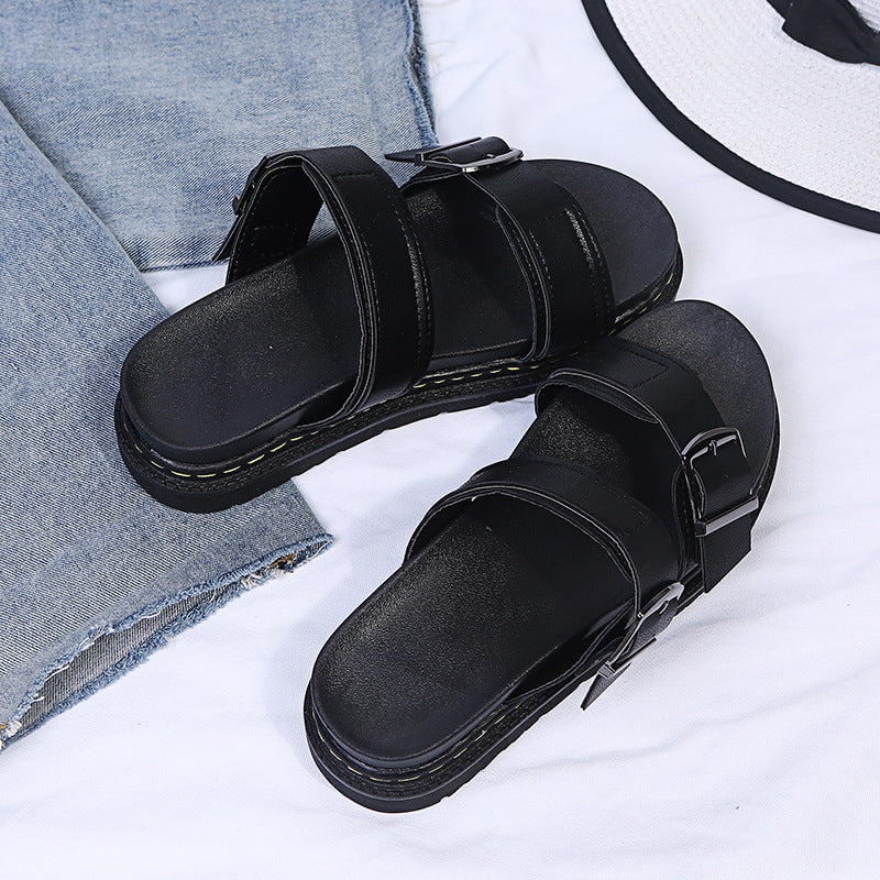 Women's Double Buckle Platform Sandals - Chunky Thick Sole Slide Sandals with Adjustable Straps