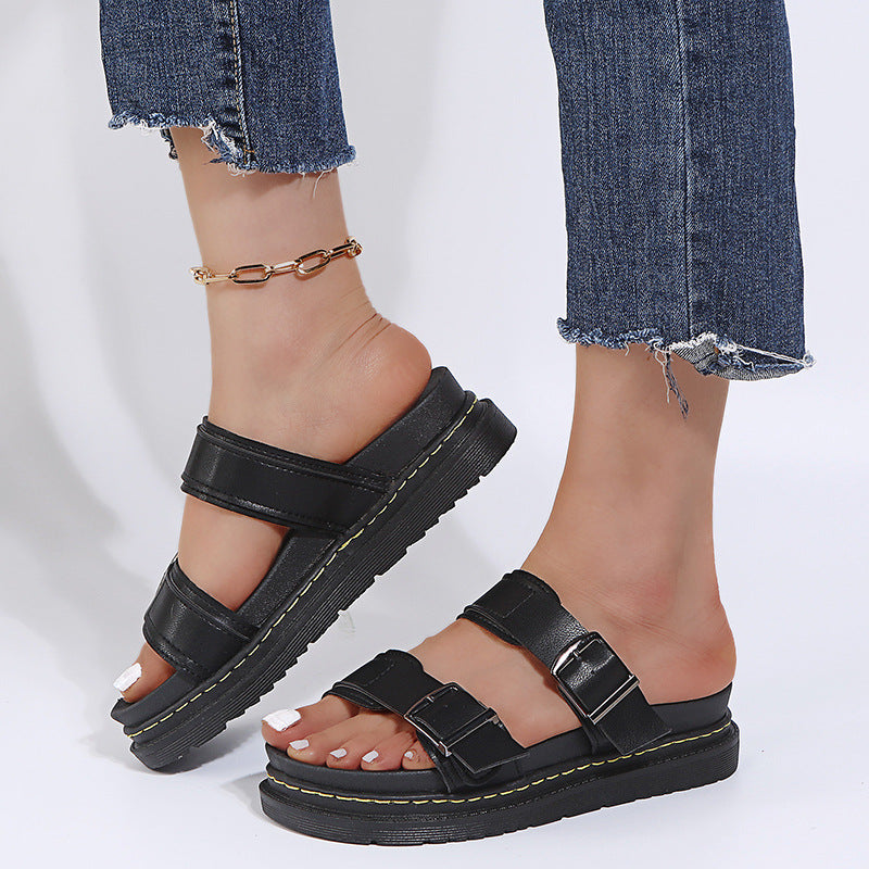 Women's Double Buckle Platform Sandals - Chunky Thick Sole Slide Sandals with Adjustable Straps
