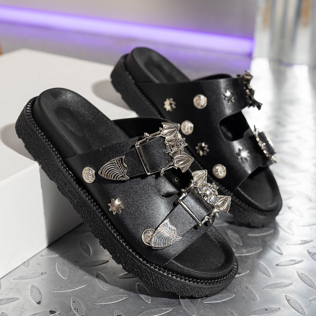 Women's Gothic Platform Buckle Sandals - Chunky Black Slide Sandals with Metal Bat Studs