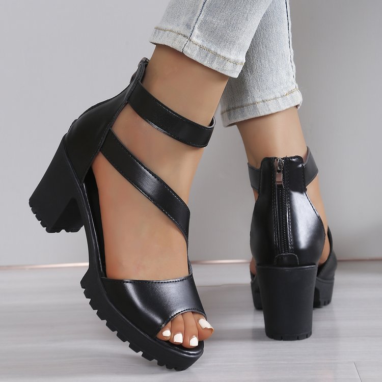 Stylish Black Chunky Platform Heeled Sandals with Ankle Strap - 7.5cm Heel
