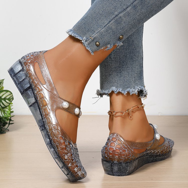Sparkly Transparent Crocodile Mary Jane Jelly Flats - Pearl Strap Wedge Shoes