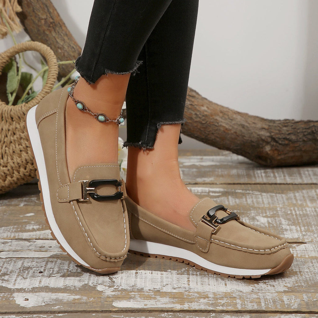 Women's Gold Buckle Suede Loafers – Comfortable Casual Platform Slip-On Shoes