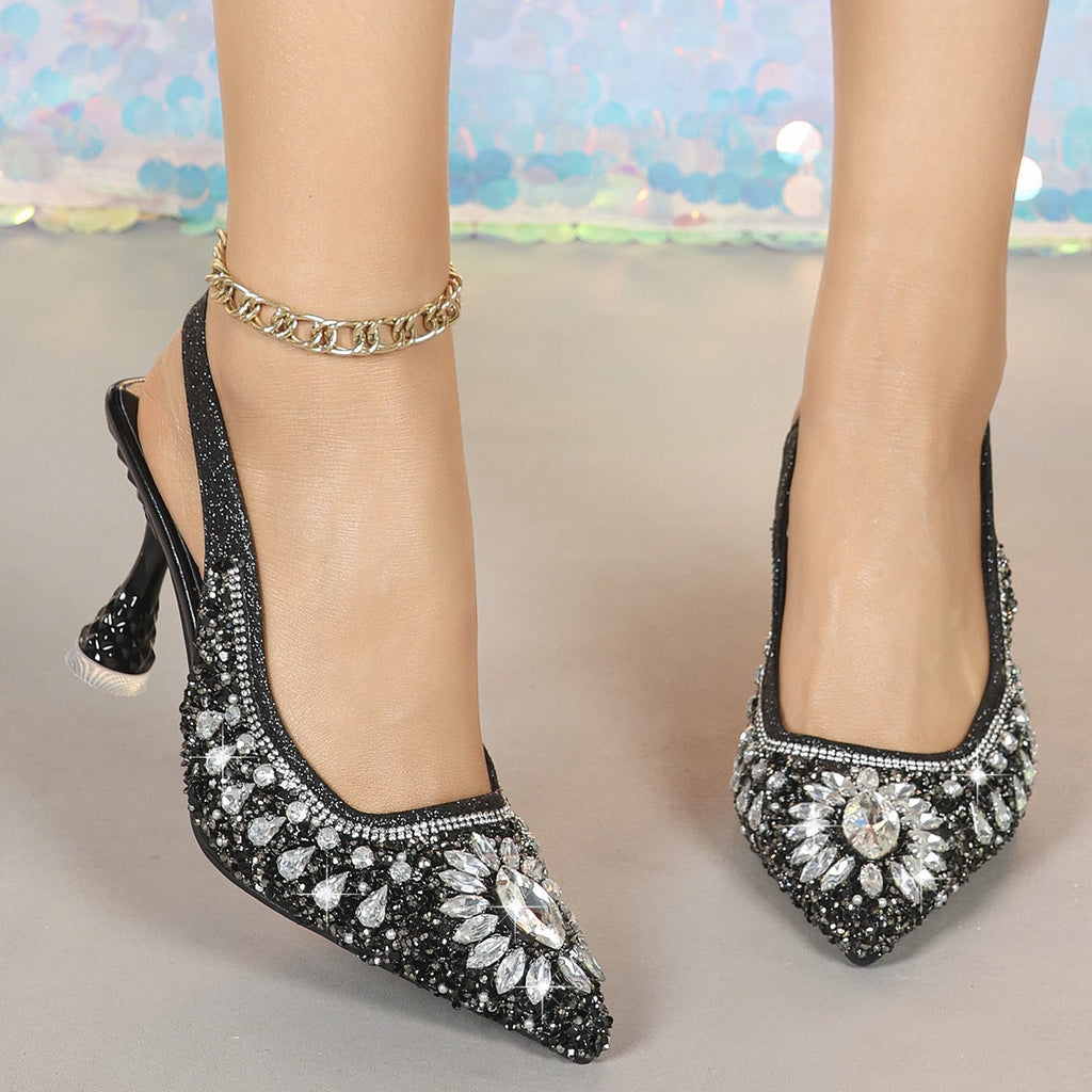 Women's Sparkling Rhinestone Slingback Kitten Heel Pumps - 8.3cm Pointed Toe Crystal Embellished Party Shoes