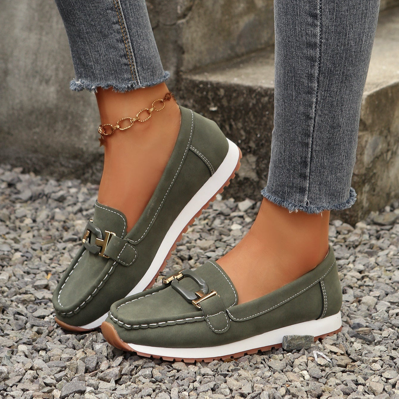 Women's Gold Buckle Suede Loafers – Comfortable Casual Platform Slip-On Shoes