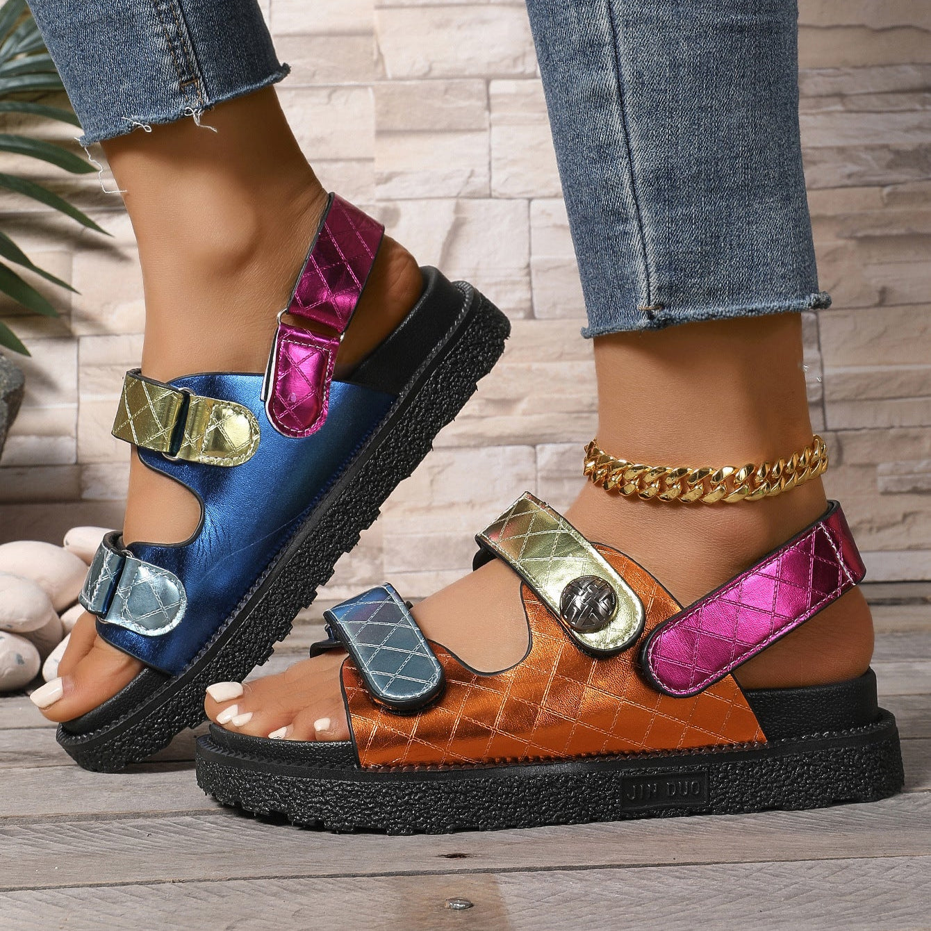 Women's Colorful Metallic Platform Sandals - Rainbow Chunky Velcro Strap Summer Shoes