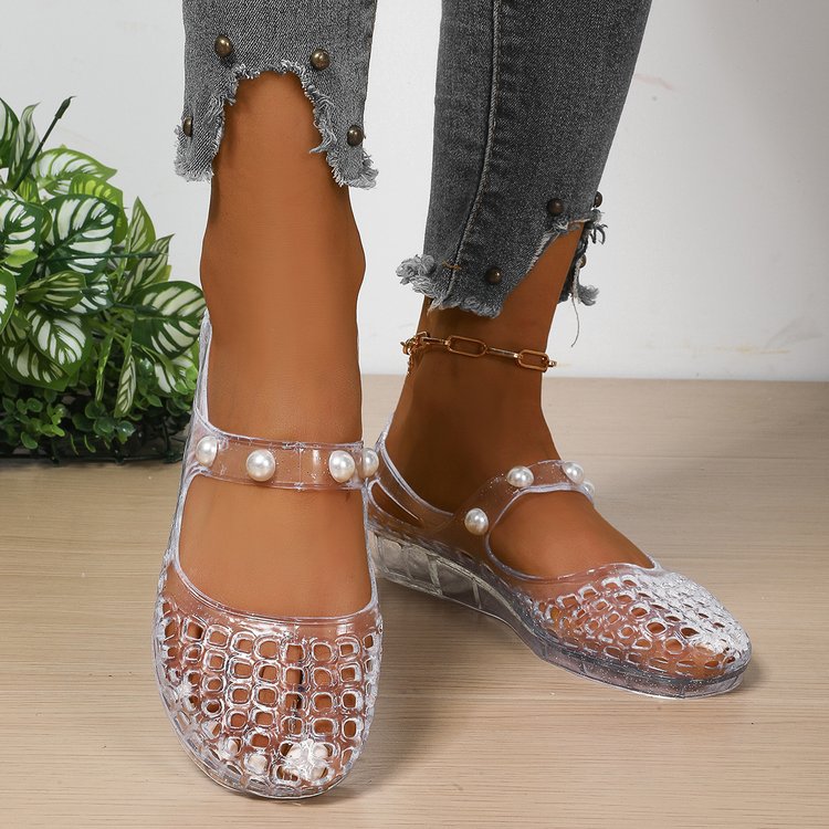 Sparkly Transparent Crocodile Mary Jane Jelly Flats - Pearl Strap Wedge Shoes