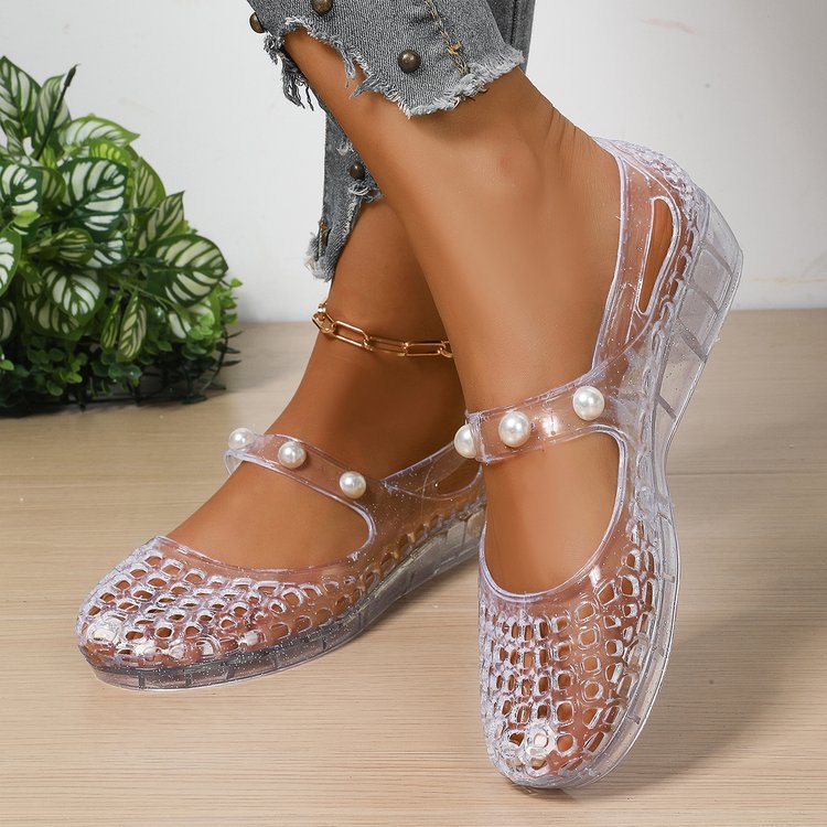 Sparkly Transparent Crocodile Mary Jane Jelly Flats - Pearl Strap Wedge Shoes