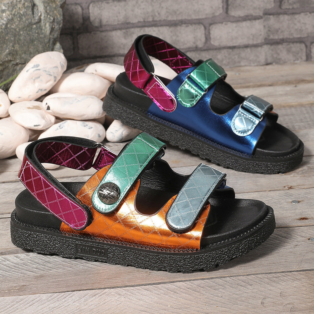 Women's Colorful Metallic Platform Sandals - Rainbow Chunky Velcro Strap Summer Shoes