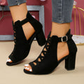 Cut-Out Lace-Up Block Heel Peep Toe Sandals – 8CM Chunky Heel