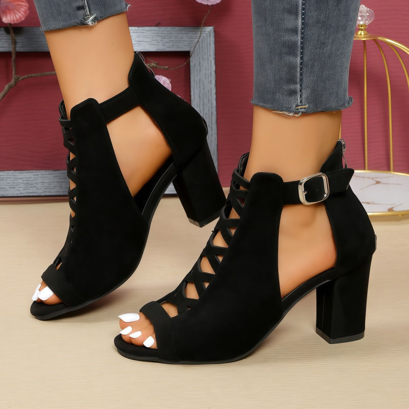 Cut-Out Lace-Up Block Heel Peep Toe Sandals – 8CM Chunky Heel