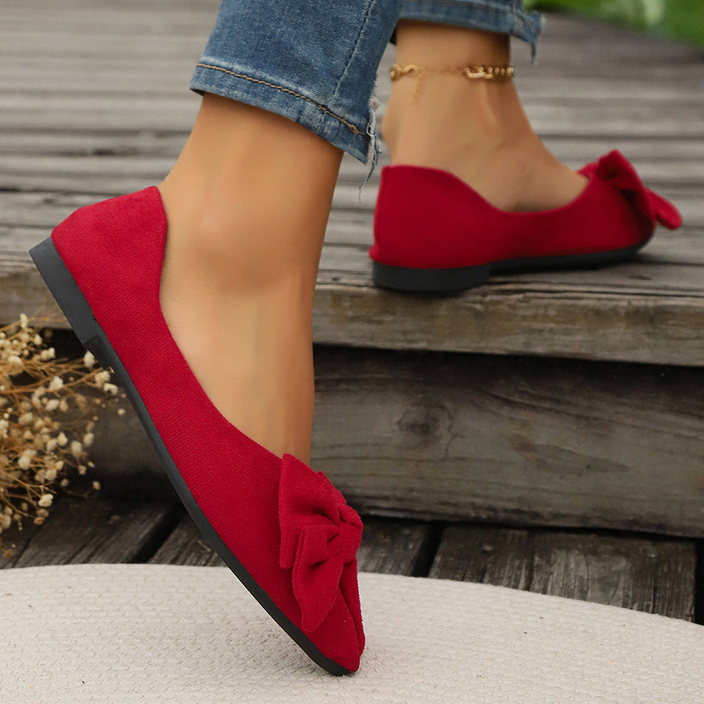 Women's Bow Pointed Toe Flats - Big Bow Suede Ballet Flats Comfortable Slip-On Pumps
