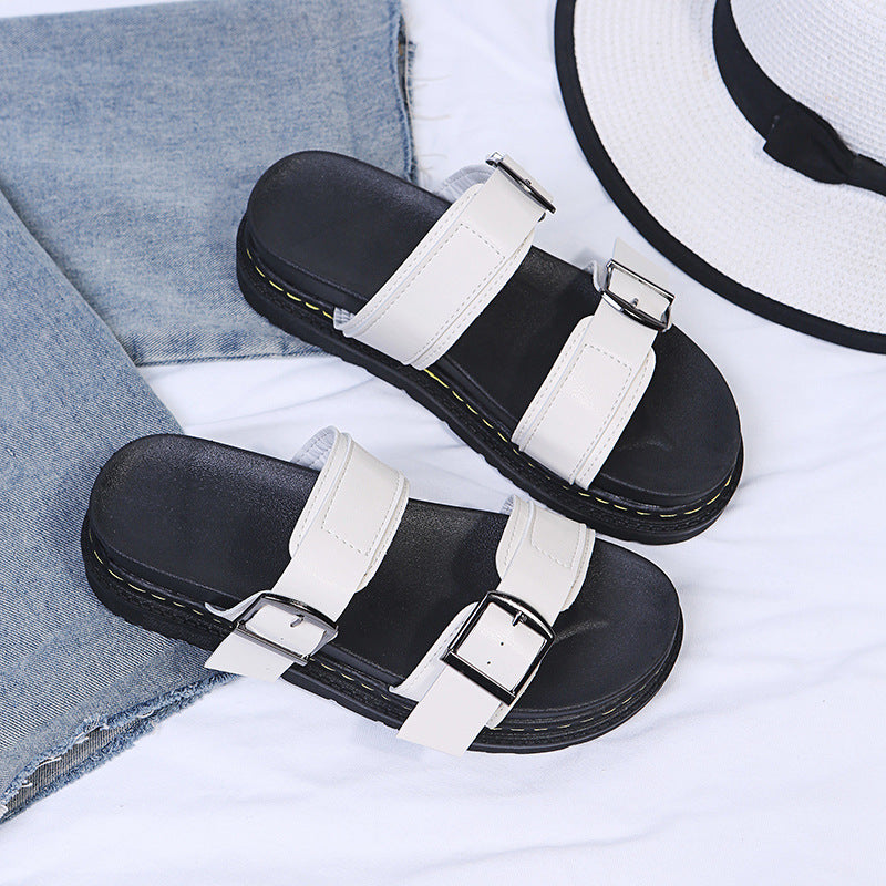 Women's Double Buckle Platform Sandals - Chunky Thick Sole Slide Sandals with Adjustable Straps