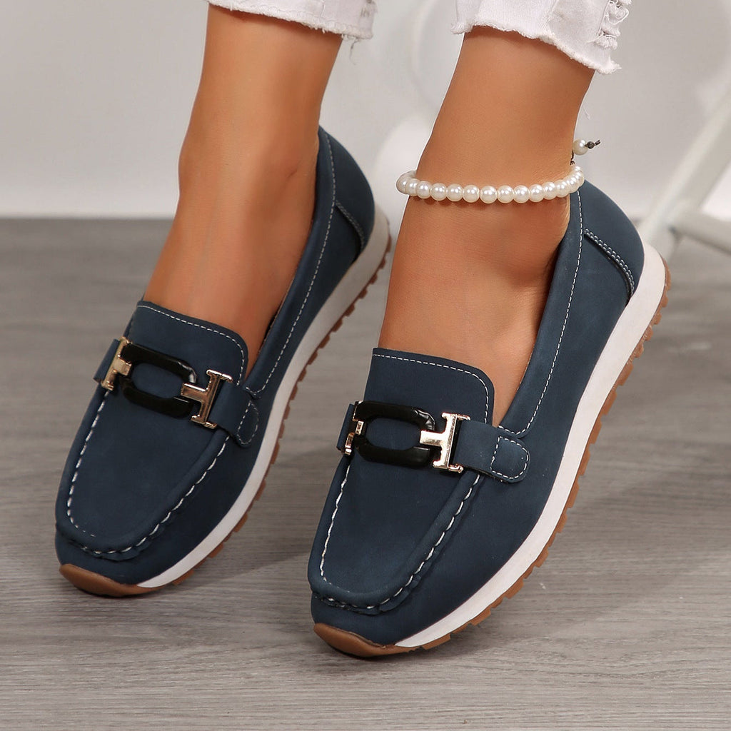 Women's Gold Buckle Suede Loafers – Comfortable Casual Platform Slip-On Shoes
