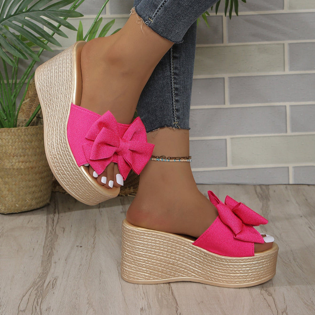 Women's Platform Wedge Sandals with Big Bow - Sparkly Open Toe Summer Slides