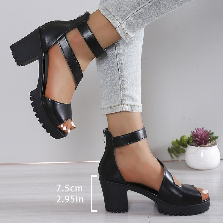 Stylish Black Chunky Platform Heeled Sandals with Ankle Strap - 7.5cm Heel