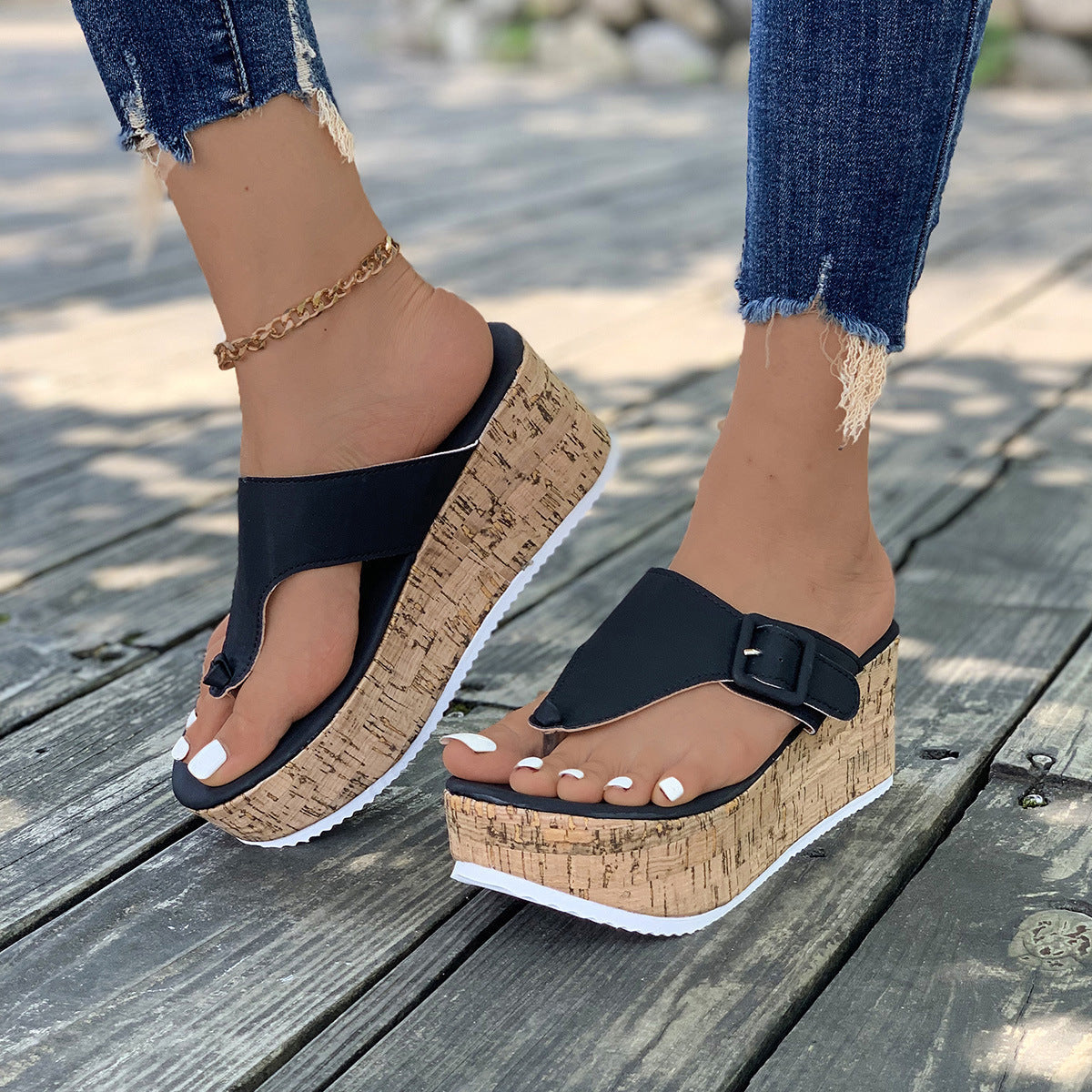 Comfortable Beige Cork Wedge Platform Thong Sandals – Buckle Strap Summer Slides