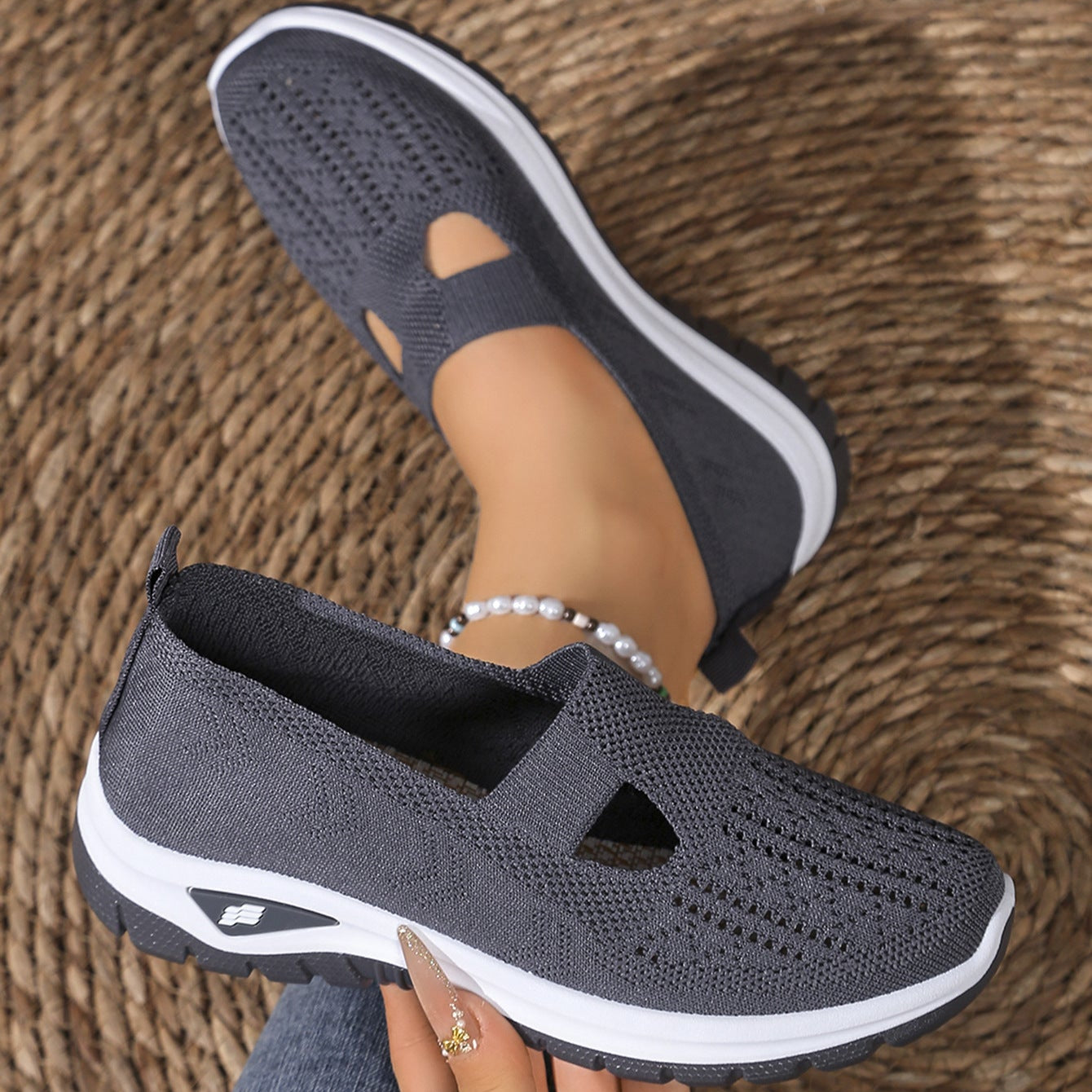 Breathable Knit Slip-On Sneakers Women - Lightweight Mesh Walking Shoes with Cutout Design