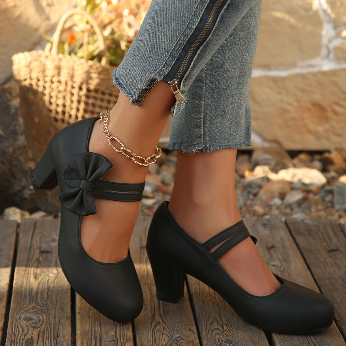 Women's Bowknot Block Heel Mary Jane Shoes – Elegant Ankle Strap Chunky Heels