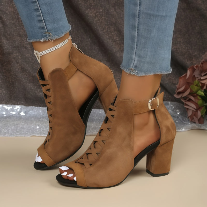 Cut-Out Lace-Up Block Heel Peep Toe Sandals – 8CM Chunky Heel