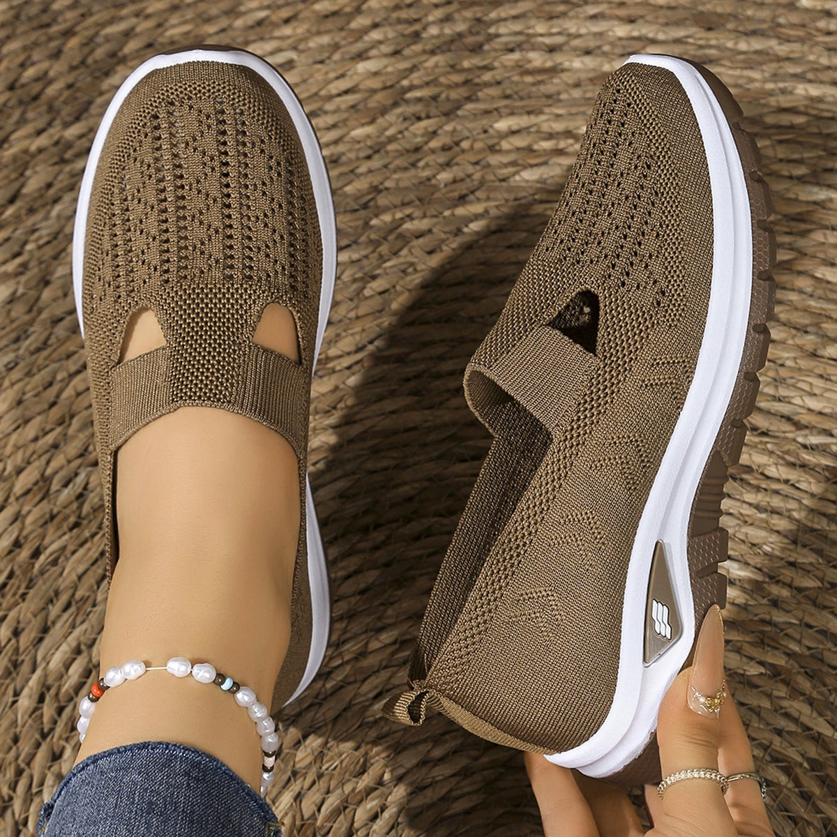 Breathable Knit Slip-On Sneakers Women - Lightweight Mesh Walking Shoes with Cutout Design