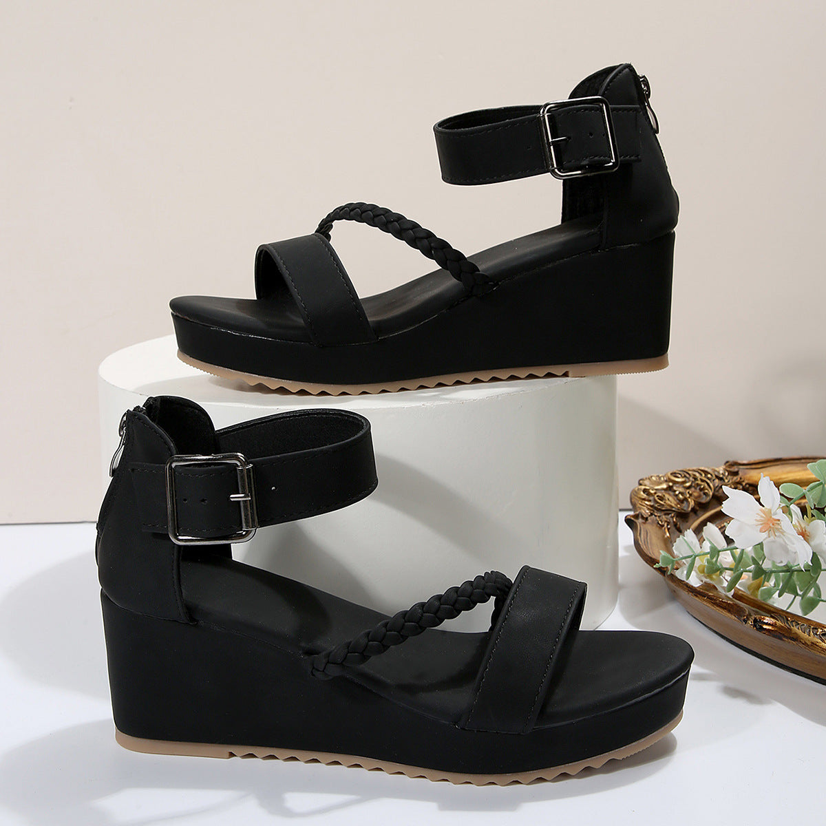 Braided Wedge Platform Sandals - Black & Brown