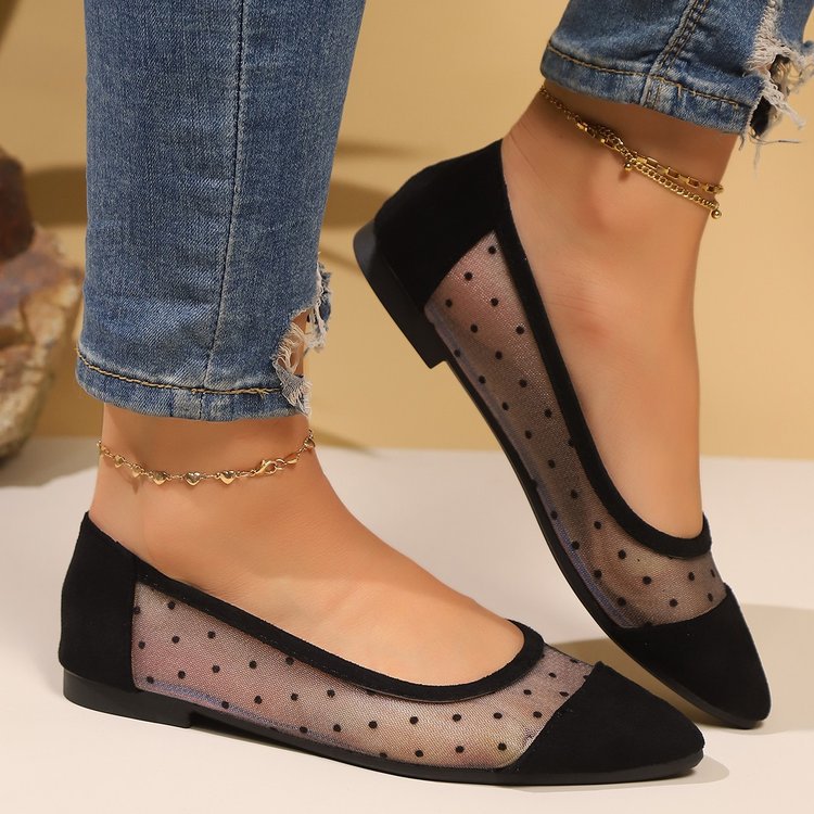 Women's Pointed Toe Mesh Bow Flats - Breathable Polka Dot Sheer Ballet Flats