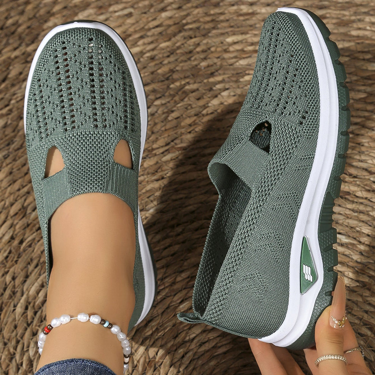 Breathable Knit Slip-On Sneakers Women - Lightweight Mesh Walking Shoes with Cutout Design