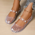 Sparkly Transparent Crocodile Mary Jane Jelly Flats - Pearl Strap Wedge Shoes
