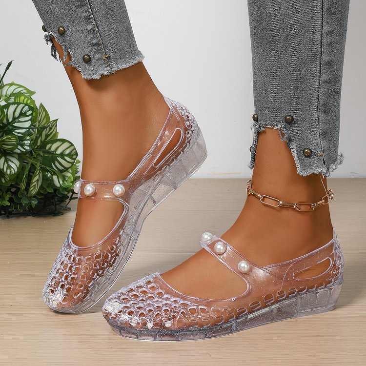 Sparkly Transparent Crocodile Mary Jane Jelly Flats - Pearl Strap Wedge Shoes