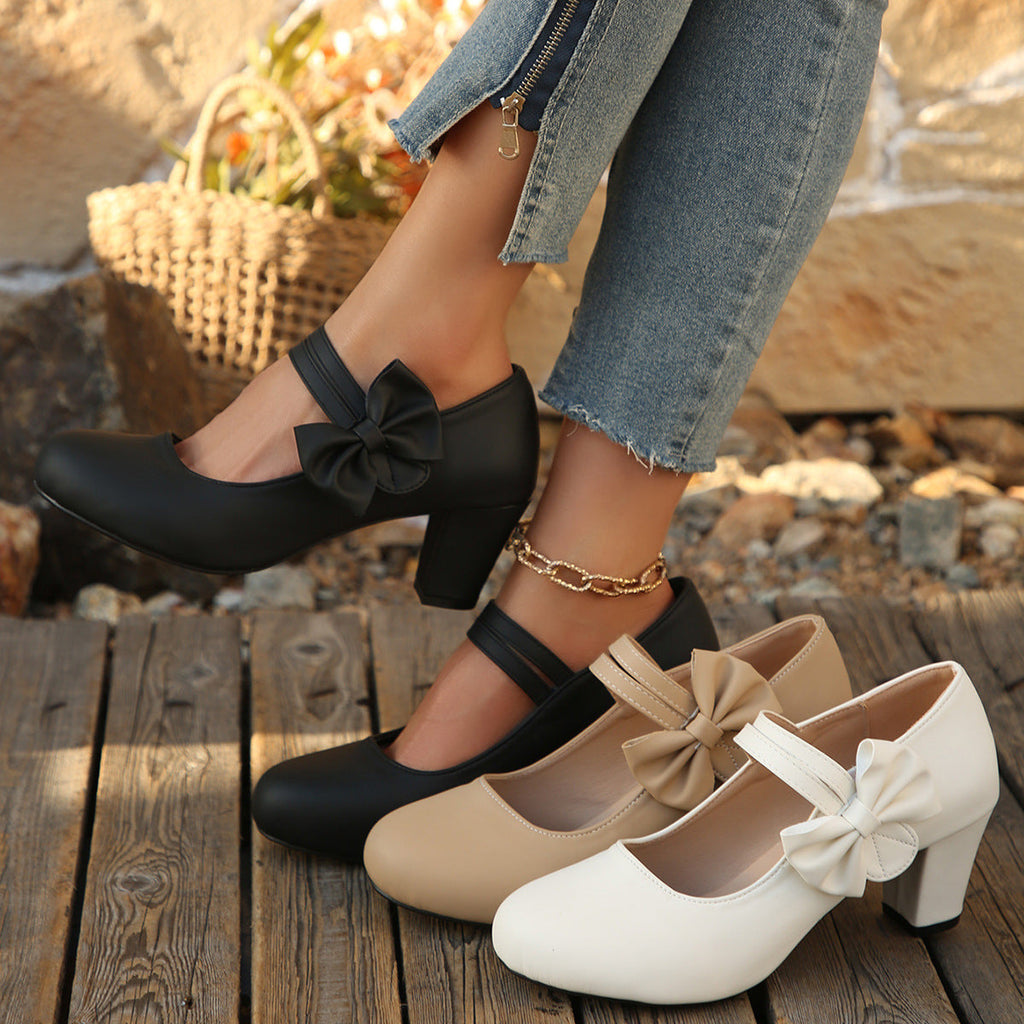 Women's Bowknot Block Heel Mary Jane Shoes – Elegant Ankle Strap Chunky Heels