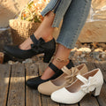 Women's Bowknot Block Heel Mary Jane Shoes – Elegant Ankle Strap Chunky Heels