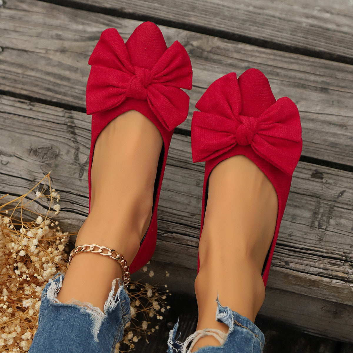 Women's Bow Pointed Toe Flats - Big Bow Suede Ballet Flats Comfortable Slip-On Pumps