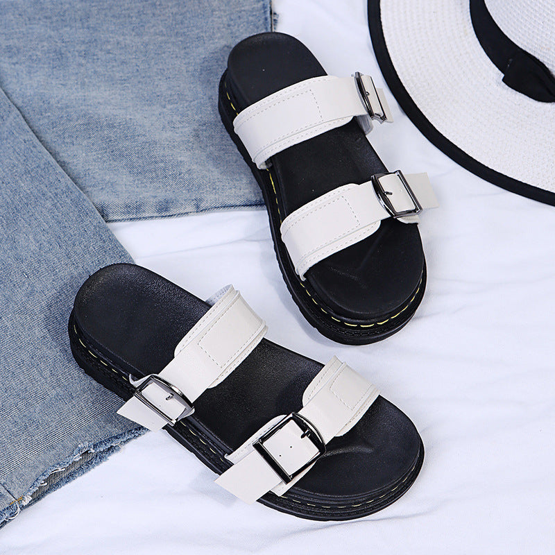 Women's Double Buckle Platform Sandals - Chunky Thick Sole Slide Sandals with Adjustable Straps