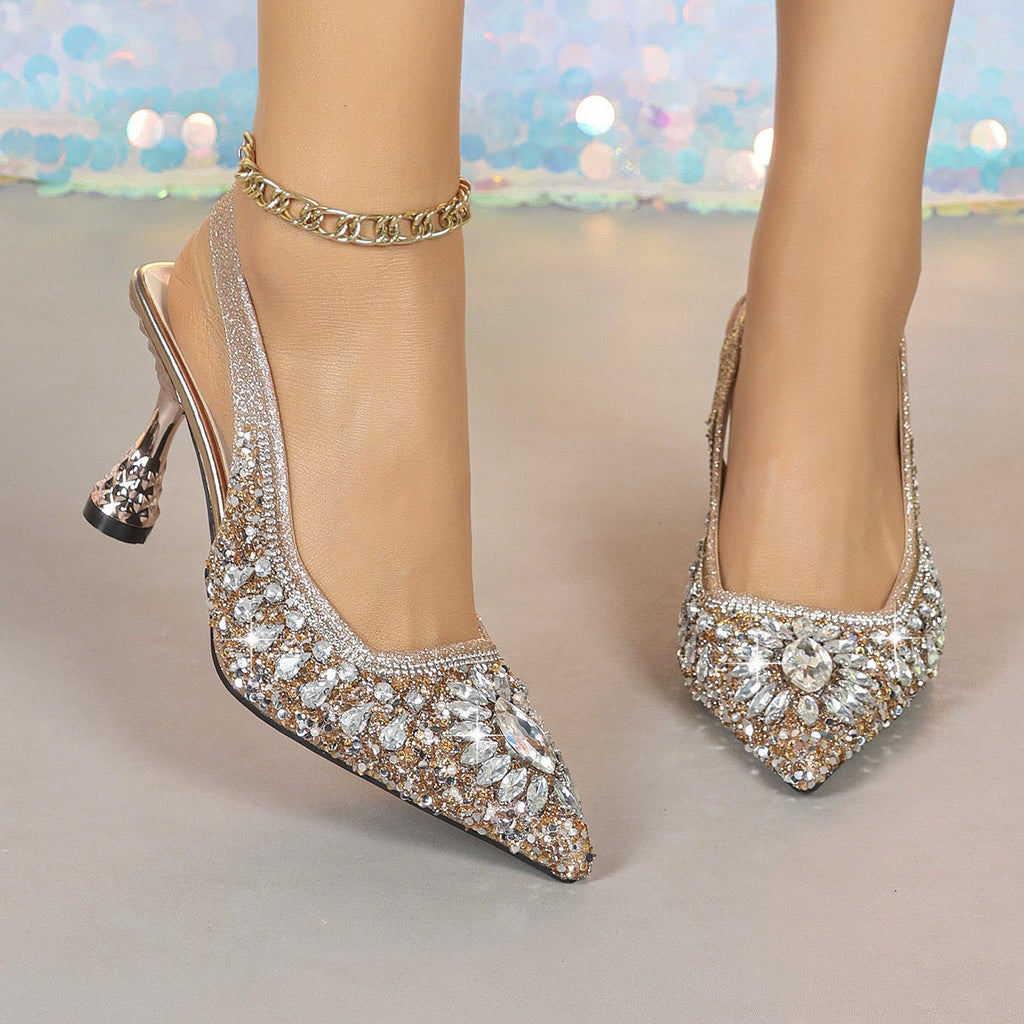 Women's Sparkling Rhinestone Slingback Kitten Heel Pumps - 8.3cm Pointed Toe Crystal Embellished Party Shoes