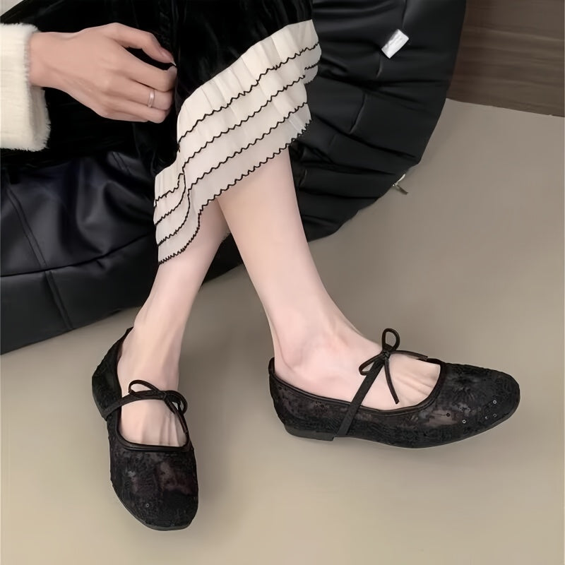 Elegant Lace Mesh Mary Jane Flats with Bow - Square Toe Ballet Shoes