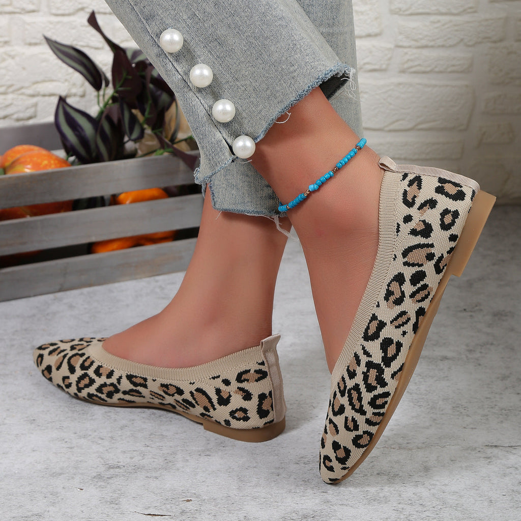 Leopard Print Knit Pointed Toe Flats – Comfortable Slip-On Loafers