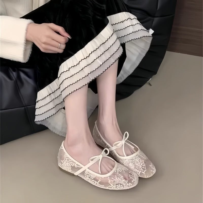 Elegant Lace Mesh Mary Jane Flats with Bow - Square Toe Ballet Shoes