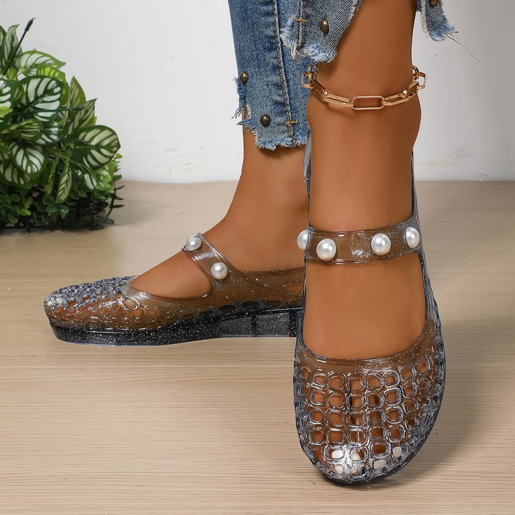 Sparkly Transparent Crocodile Mary Jane Jelly Flats - Pearl Strap Wedge Shoes